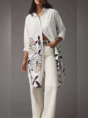 Anthropologie Maeve Maxi Tunic Poplin Buttondown Floral Neutral Motif